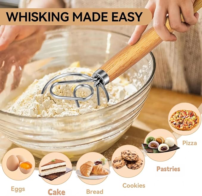 TEEVEA Danish Dough Whisk Wooden Handle Stainless Steel for Sourdough Bread | Dutch Dough Hook, Replaces Hand Mixer and Spoon, Bread Baking Tool, Food Grade Rust Resistant Steel, Non-Stick, Easy to Clean