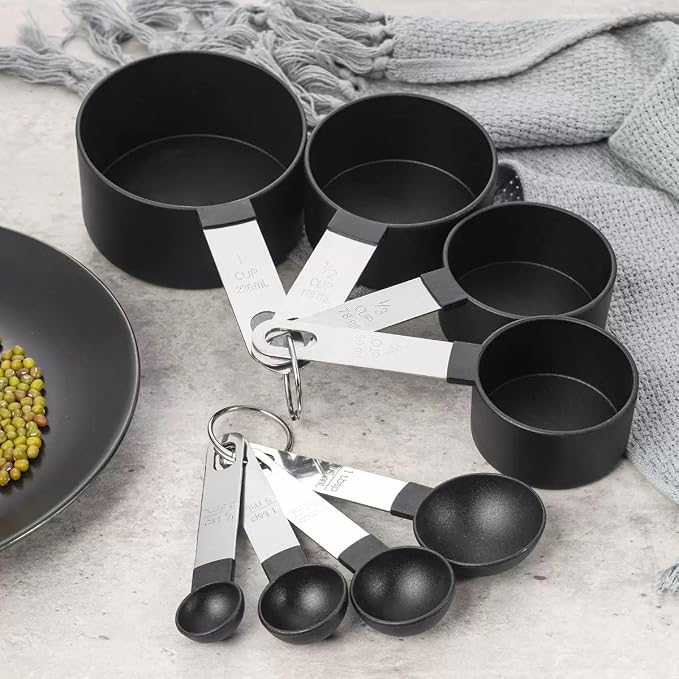 RUNZI 8 Pcs Measuring Cups and Spoons Set, Stackable Black Measuring Spoons for Measuring Dry and Liquid Ingredients Small Teaspoon with Plastic Head,Black
