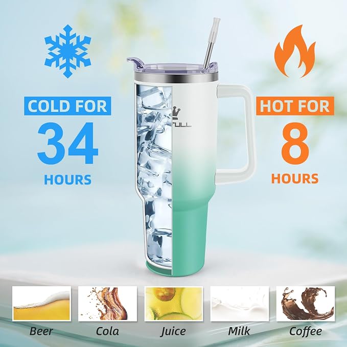 40 oz Tumbler with Handle and Straw Lid, 100% Leak-proof, WhiteGreen | Stainless Steel Insulated Travel Coffee Cup, Keeps Cold 34Hrs or Hot 10Hrs, Dishwasher Safe