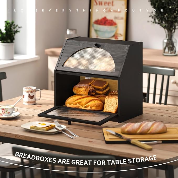 STDDRE Double Layer Bamboo Corner Bread Box with Cutting Board(Black) | Extra-large capacity. Double Layer Bread Storage Bin with Door Panel for Kitchen Counter.for kitchen counter