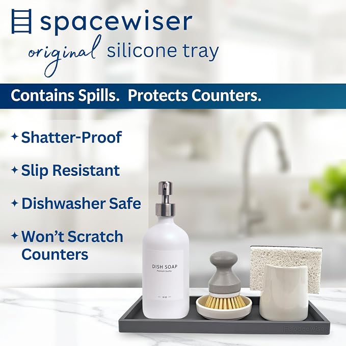 Countertop and Vanity Tray - 11.7" Silicone Bathroom Counter Tray, Dish Soap Trays for Kitchen Counter, Sink Organizer Caddy Accessories, Drawer Toilet Plant Shower Makeup Mat Oil Holder