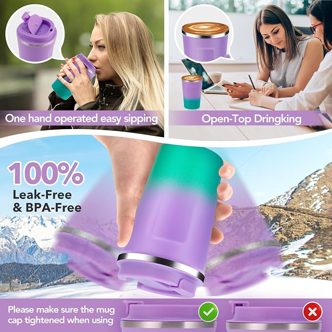Volhoply 12 oz Double Wall Insulated Vacuum Travel Coffee Mug with Flip Lid,Reusable Stainless Steel Leak Proof Coffee Cup,Portable Iced Cafe Thermal Tumbler for Hot & Cold Drinks(Purple Green,1 Set)
