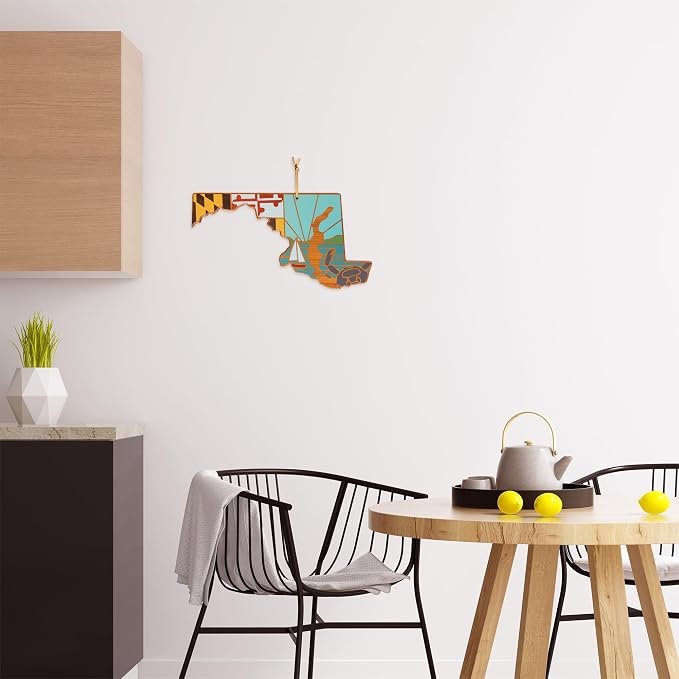 Totally Bamboo Maryland State Shaped Cutting Board, Summer Stokes Art | State charcuterie board with colorful hand-drawn landscape art. Smooth reverse side for food prep. Hang tie for wall display.