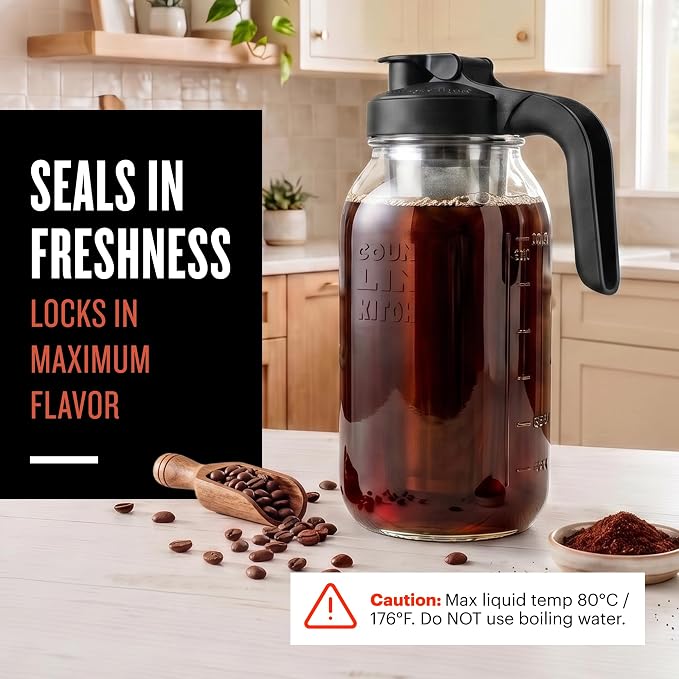 County Line Kitchen 64oz Cold Brew Coffee Maker with Leak Proof Lid - Black | Glass Cold Brew Coffee Maker - Wide Mouth Mason Jar, Stainless Steel Filter & Leak-Proof Lid (64 oz)