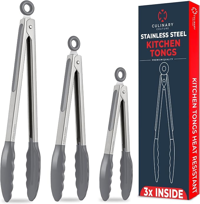 Kitchen Tongs - 12, 9 & 7 Inch Locking Silicone Tongs for Cooking, Set of 3 | Grey Tongs with Silicone Tips, Heat Resistant Tongs for Grilling, Serving, Mixing