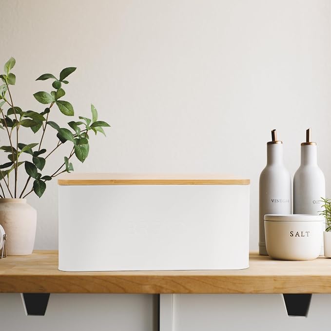 ZICOTO Beautiful Bread Box With Wooden Lid For Your Kitchen Countertop - Spacious Container Perfectly Stores Your Homemade Bread, English Muffins & Bagels - Quality Cutting Board Lid Keeps Loaf Fresh