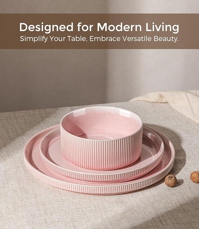 GBHOME Stoneware Dinnerware Sets for 4,12-Piece Plates and Bowls Set | Handmade Reactive Glaze Ceramic Dish Set, Scratch Resistant, Dishwasher&Microwave Safe,Blush Pink