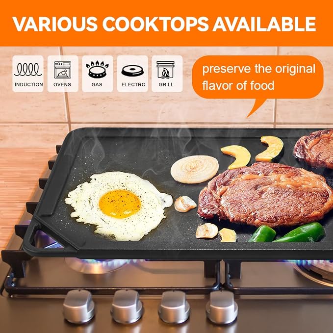 GGC Reversible Cast Iron Griddle, 20 x 10 Rectangular Griddle Pan | Double Sided Griddle Pan Perfect for Gas Grills, Stove Tops and Outdoor Cooking, Baking Flat and Ribbed Griddle Plate