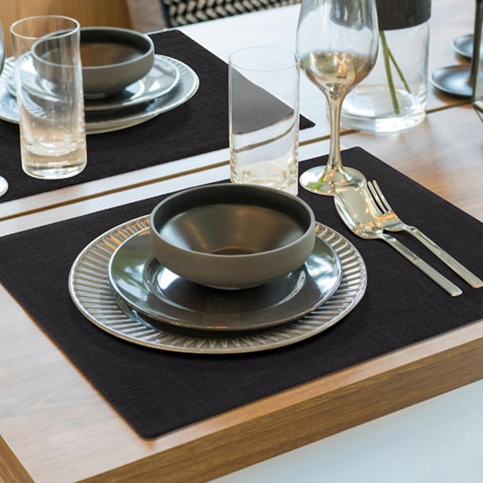 Faux Cotton Linen Placemats Set of 6, Cloth Washable Farmhouse Dining Table Mats for Indoors & Outdoors, Easy to Clean, Black, 13 x 19 Inch