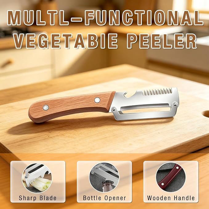 2Pcs Multifunctional Vegetable Peeler,Zero Snag Wooden Peeler,Zero Snag Wooden Kitchen Tool with Grater Bottle Opener,3 in 1 Kitchen Gadgets Stainless Steel Peelers for Pumpkin Potato Carrot Apple