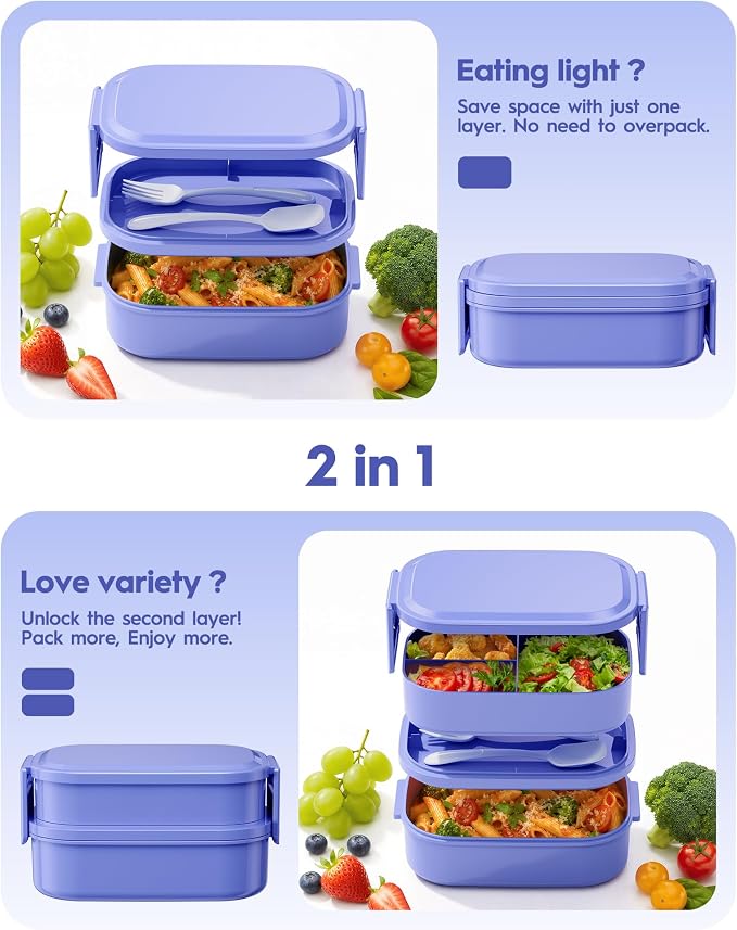 BiuLeon Bento Box Adult Lunch Box, 65 Oz Capacity Lunch Containers(Adjustable 2/3 Tier), BPA-Free, Leak-Proof and Stackable Bento Lunch Box, Microwave & Dishwasher Safe with Utensils(Macaron)