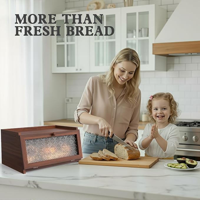 LOHASOK Bread Box for Kitchen Countertop,Brown Begonia | Large, Farmhouse Bread Container Holder Storage, Acrylic translucent window