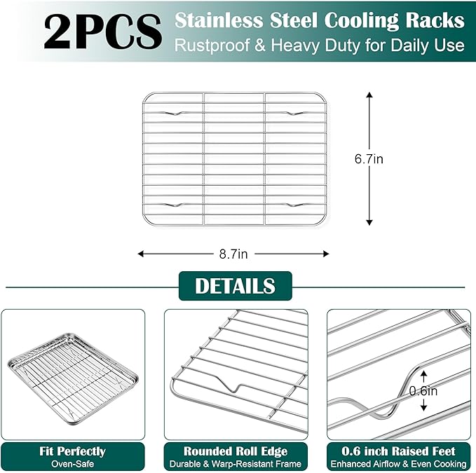 E-far 1/8 Baking Sheet with Wire Rack, Stainless Steel 2 Pans + 2 Racks | 9.4 x 7.3 Inch Cookie Sheets Trays & Cooling Rack for Toaster Oven, Non Toxic & Warp Resistant, Oven & Dishwasher Safe