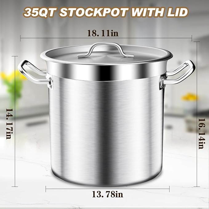 Large Cooking Pot, 35 Quart Heavy Duty Induction Soup Pot With Stainless Steel Lid Commercial Grade Stock Pot for Soup, Stew, Canning, Even Heat Distribution