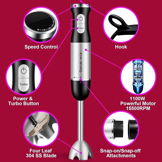 Upgrand 1100W 5-in-1 Immersion Blender Handheld, Black | 30 Speed Stick Blender with Turbo, 15,500 RPM, Includes Whisk, Milk Frother, 500ml Chopper & 600ml Beaker