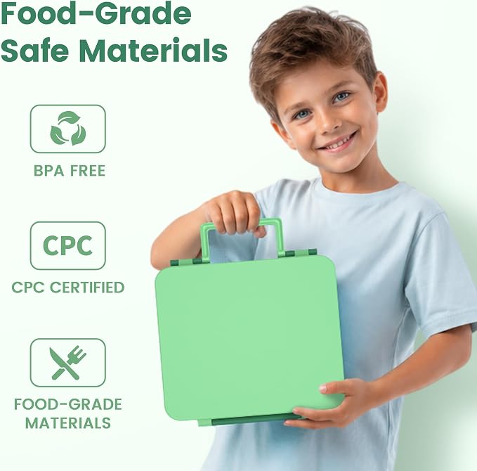 LOHASOK Bento Lunch Box for Kids with 8oz Soup Thermo, Green | 4-Compartment, Leak-Proof Lunch Containers with Insulated Food Jar and Silicone Foldable Spoon Fork