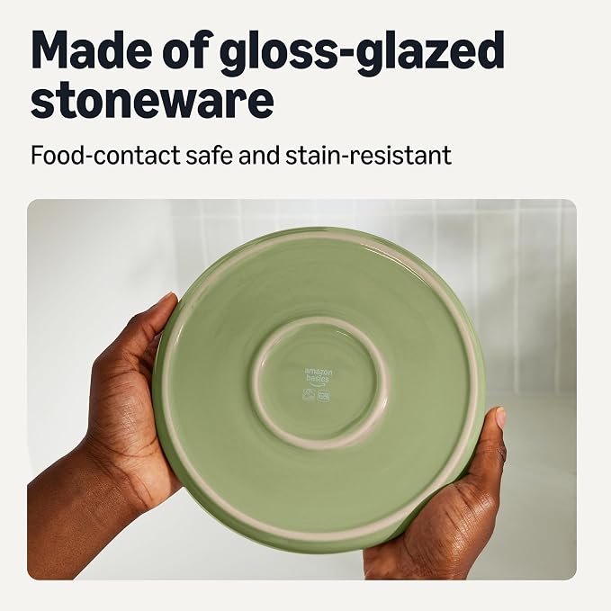 Amazon Basics Glazed Stoneware Appetizer Plates, Ceramic 4-Piece Set, Microwave and Dishwasher-Safe, 6.7 in., Olive