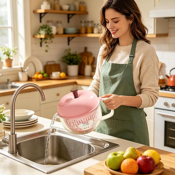 Salad Washer and Spinner with Bowl, Fruit and Vegetable Washer & Dryer, Vegetables Fruits Wash Bowl for Blueberries, Grapes & Cherry Tomatoes, Easy-Clean Kitchen Gadget for Greens (Pink)