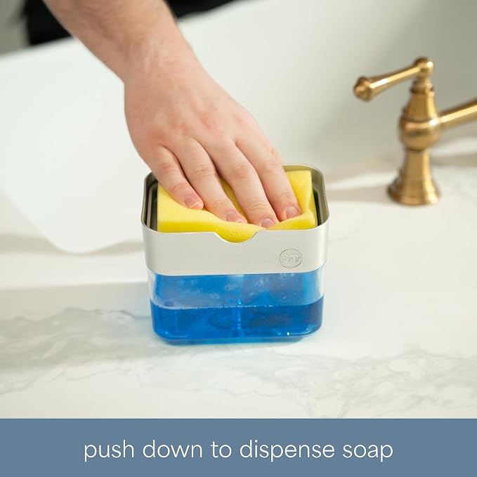 S&T INC. Dish Soap Dispenser and Sponge Holder, Silver | Holds 13 Fluid Ounces, Sponge Included, Anti-Slid Feet, Push to Dispense Perfect Amount of Dish Soap