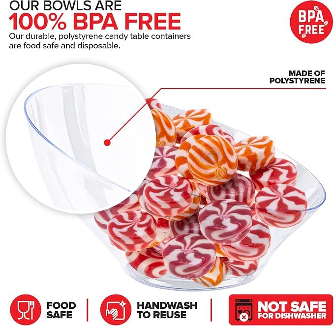 6oz Clear Plastic Serving Bowls (8 Pack) Small Disposable Candy Dishes, Buffet Containers for Chips, Popcorn, Snacks, Mints, Salad Bar, Snack Bowl, Parties, Office Desk, Bridal Shower, Party Supplies