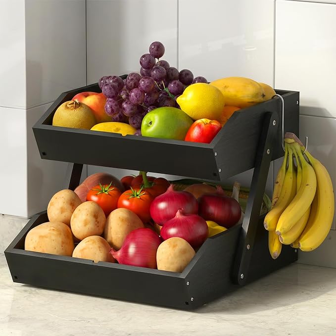 2-Tier Bamboo Fruit Basket with 2 Banana Holders Black | Large tiered organizer for bread, snacks, veggies. Sturdy bamboo, includes mats & dividers. Easy to assemble.