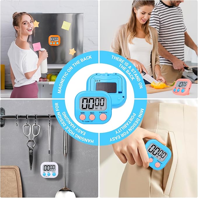 Mwellewm 6 Packs Digital Timers for Classroom Kitchen Timer Small Magnetic Countdown Stopwatch for Cooking Mini Loud Alarm Stop for Kitchen Study Work Baking Sports Games Office Timer Clock