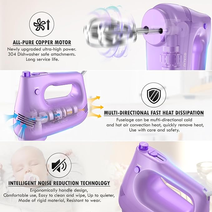 GUALIU Electric Hand Mixer, 304*(2* Beaters, 2* Dough Hooks), (1* Storage Bag) Handheld Mixer for Baking Cakes, Eggs, Cream Food Mixers, Turbo Boost /5 Speed Kitchen Blender PURPLE