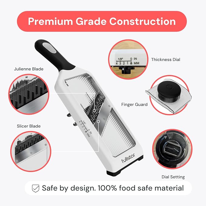Fullstar - Handheld Mandoline Vegetable Slicer & Julienne Cutter | 2 in 1 Onion, Veggie & Fruit Slicer, 4 Thickness Settings with Stainless Steel Guard for Easy & Safer Slicing (White)