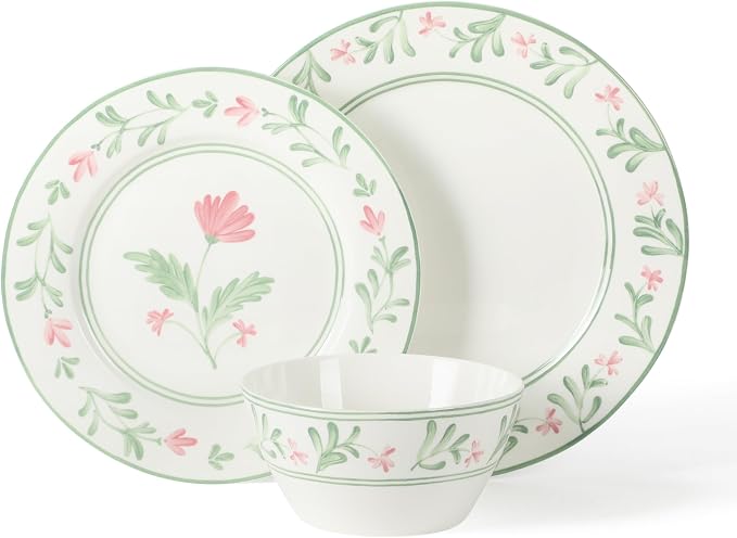 Martha Stewart Maiden Crown Plates and Bowls Sets, 12-Piece New Bone China Dinnerware Sets, Botanical Floral Design Dish Set, Microwave & Dishwasher Safe