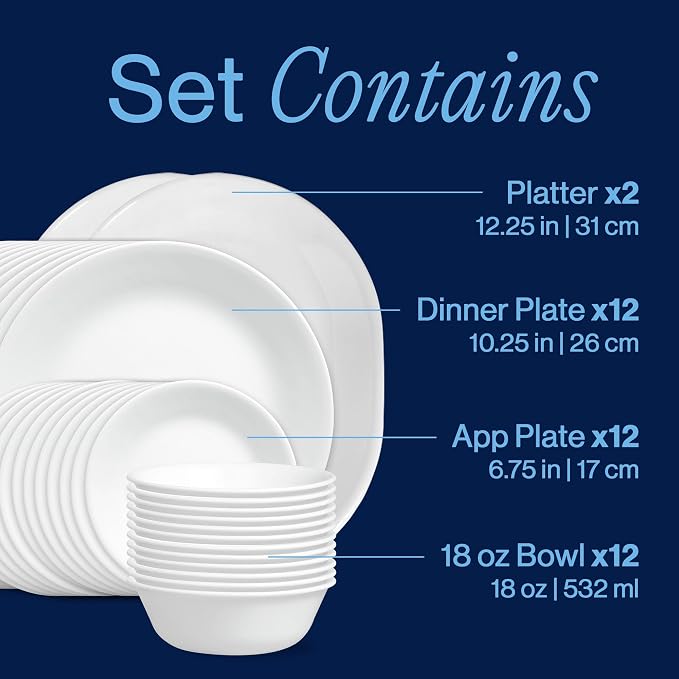 Corelle Vitrelle 38-Piece Service for 12 Dinnerware Set, Triple Layer Glass and Chip Resistant, Lightweight Round Plates and Bowls Set, Winter Frost White