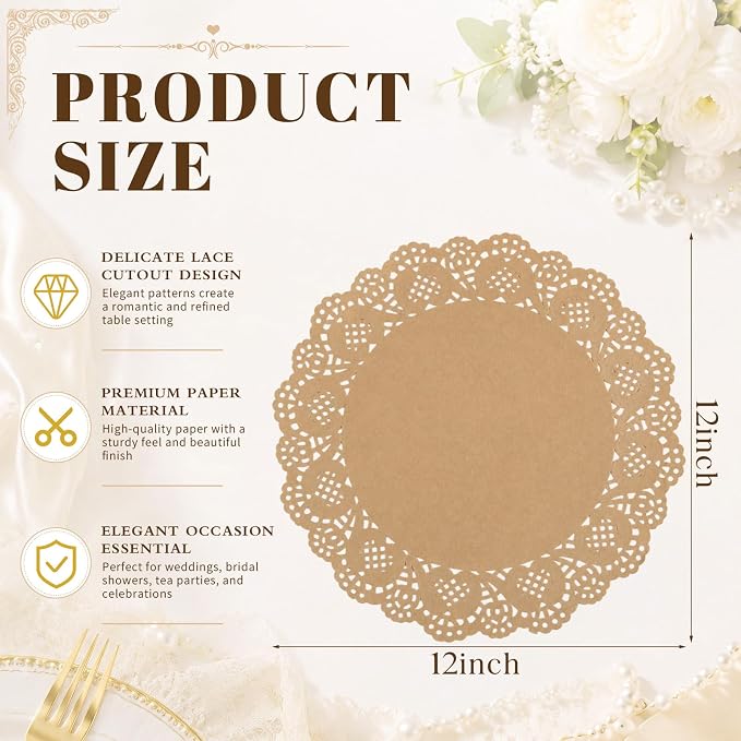 Gueevin 200 Pcs Paper Placemats Disposable Lace Round Paper Placemats Decorative Disposable Placemat Doilies for Dining Wedding Table Decoration Festive Party Birthday Holiday (Kraft,12 Inch)