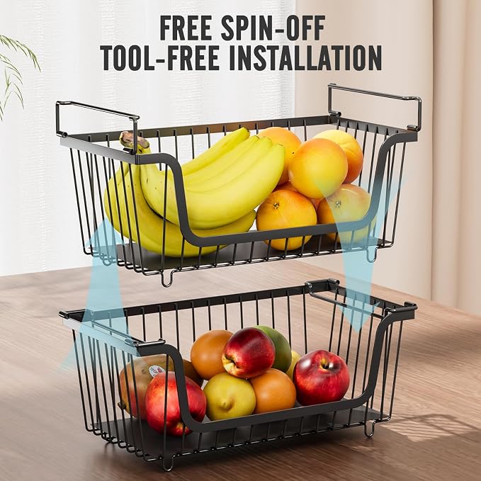 6 Pcs Stackable Wire Baskets for Pantry Organizers and Storage, | Vegetable Fruit Basket for Countertop,Kitchen Storage Metal Baskets,Produce Potato Onion Storage Bin,Black