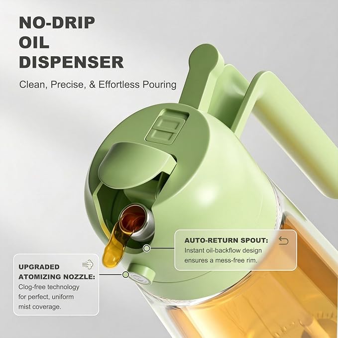 Pure Future 2-in-1 Olive Oil Sprayer for Cooking - 16oz/470ml Glass Oil Dispenser Bottle with Portion Control, Refillable Mister for Air Fryer, BBQ, Salad, Grilling, Food-Grade & BPA-Free (Green)
