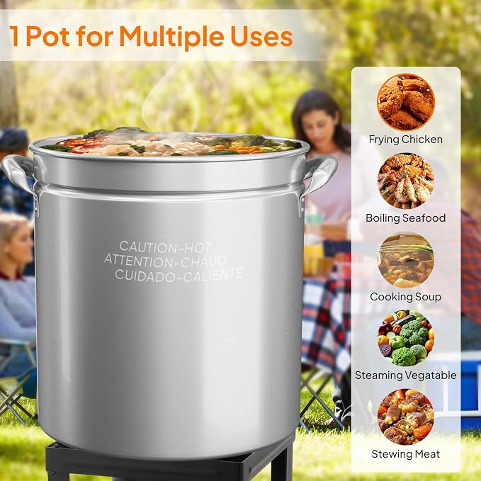 Bonnlo 82QT Stainless Steel Stock Pot for Boiling Seafood, Crawfish lobster & Crab, Frying Turkey & Steaming Tamales, Large Boil Pot with Steamer Basket, Lid, Lifting Hook for Outdoor Cooking Party