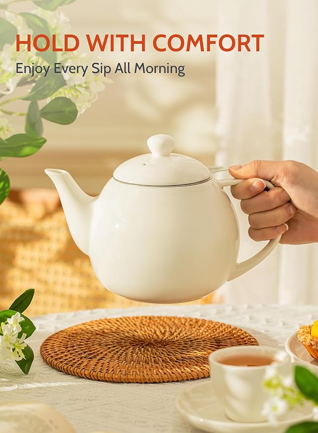 Sweese Teapots for Tea, 27 oz Porcelain Tea pot with Removable Stainless Steel Infuser, Tea Pots for Loose Tea - White