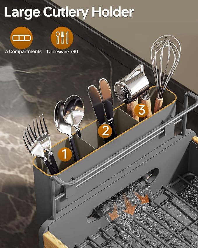 Urackify Modern Dish Rack for Kitchen Counter,Stainless Steel & Bamboo,Grey | Elegant Bamboo Accent, Large Capacity, Self-Draining Spout, Rust-Resistant, Removable Utensil Holder