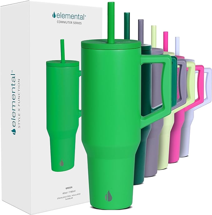 Elemental Spill Proof 40oz Insulated Tumbler with Handle & Straw Travel Mug | Stainless Steel Commuter Travel Coffee Mug for Cold Beverages, Includes 2 Straws & a Spill Proof Lid for Everyday Use