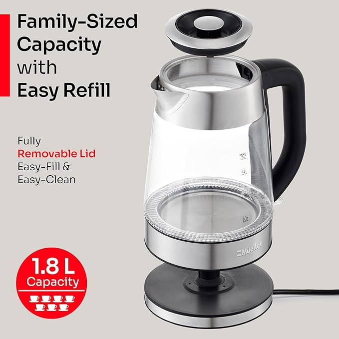 MUELLER HOME Rapid Boil Electric Tea Kettle 1.8L, BPA-Free Hot Water Boiler | Borosilicate Glass & Stainless Steel, LED Light, Auto Shut-Off, Boil Dry Protection Fast Water Heater, Kitchen Appliances