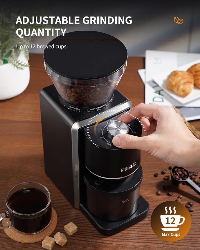 KIDISLE Conical Burr Coffee Bean Grinder, 35 Settings, Anti-Static, Black | For Espresso, French Press, Pour-Over, Drip, Grinds 2-12 Cups, Electric Grinding, Easy Clean, Removable Parts, Compact Design