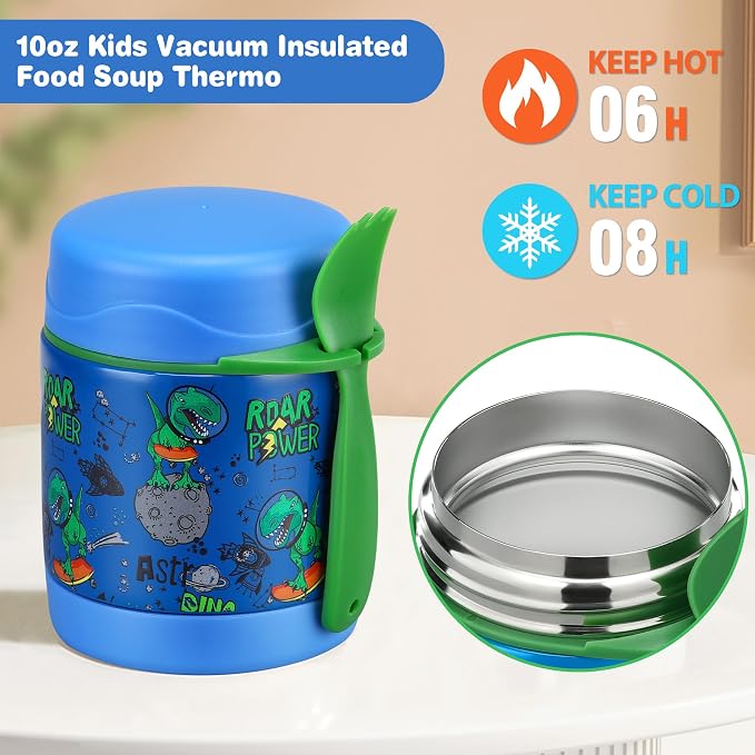 Pawtong Bento Lunch Box Set With 10oz Soup Thermo, Leak-proof Lunch Containers with 4 Compartment, Kids Hot Thermo Food Jar/Insulation Lunch Bag, Food Containers for School（Dinosaur）