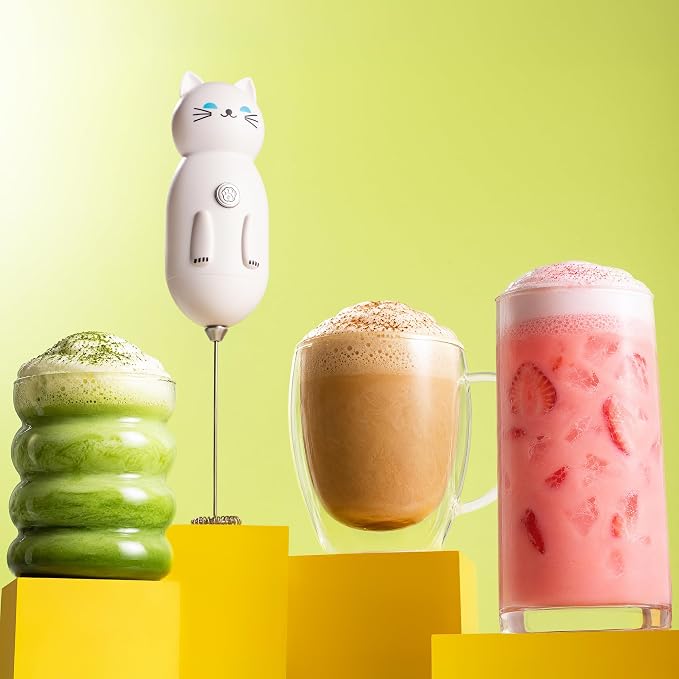Zulay Kitchen Cat Milk Frother Wand – Cutesy Frother, Meet Your New Frothing Buddy Luna The Cat, Adoption Papers and Stickers Included, Purrr-fect for Lattes, Cappuccino & Matcha – White