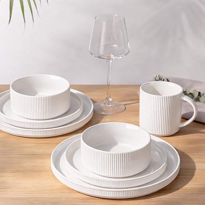 GBHOME Stoneware Dinnerware Sets for 4, 12 Pieces Plates and Bowls Set | Lightweight Ceramic Ribbed Dishes, Reactive Glaze Stackable Plate Set, Scratch Resistant, Microwave & Dishwasher Safe,White