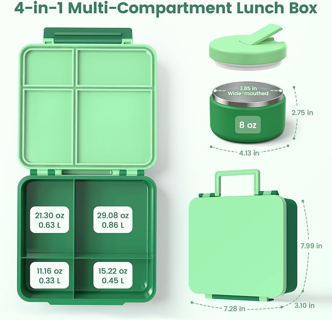 LOHASOK Bento Lunch Box for Kids with 8oz Soup Thermo, Green | 4-Compartment, Leak-Proof Lunch Containers with Insulated Food Jar and Silicone Foldable Spoon Fork