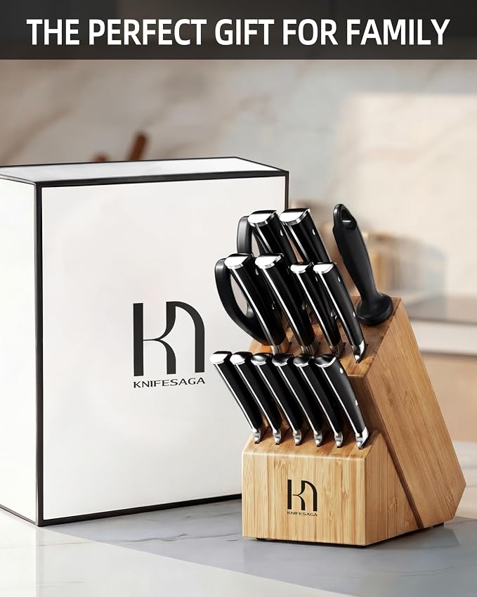 KnifeSaga Knife Set 15 Pcs Kitchen Knife Block Set, Enduring Razor-Sharp High Carbon Stainless Steel Knife Set with Block and Sharpener, Premium Knives Set for Kitchen, Natural Bamboo Valentine's Gift