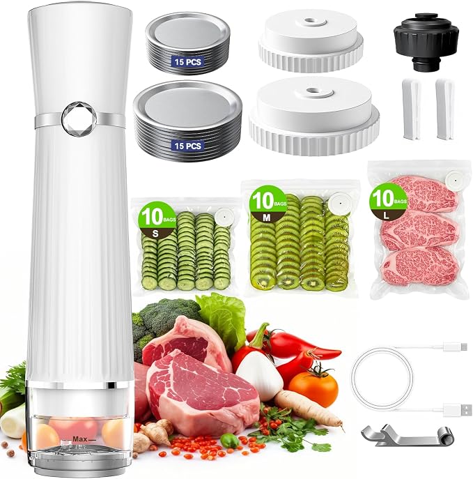 80kPa Vacuum Sealer for Food, Compact&Handheld Sealer for Meal Prep | 2000mAh Vacuum Sealer Machine, Cordless & Rechargeable Mason Jar Vacuum Sealer for Food Storage White(30Bags+30 Mason Lids)