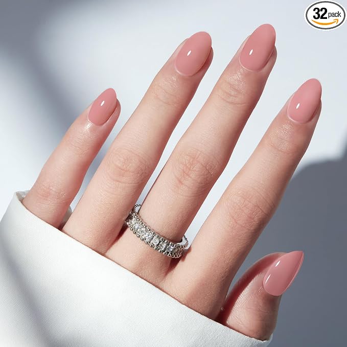modelones Soft Pink Short Press on Nails, Oval Fake Nails Kit | Semi-Transparent Press Ons with Nail Glue, Adhesive Tabs, Nail File, Prep Pad, Manicure Stick, 32Pcs 16 Sizes, Women Gift