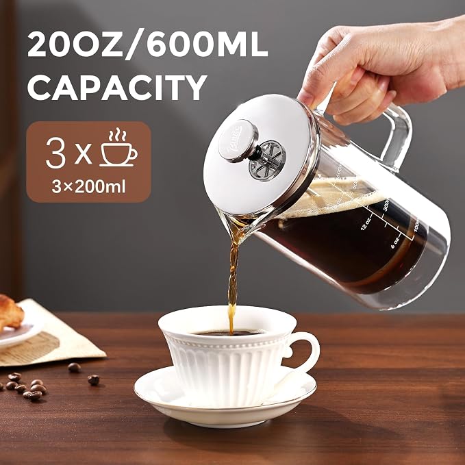 Bincoo French Press Coffee Maker 600ML,Double Wall Insulated Borolicate Glass French Press for Tea and Frothed Milk Press