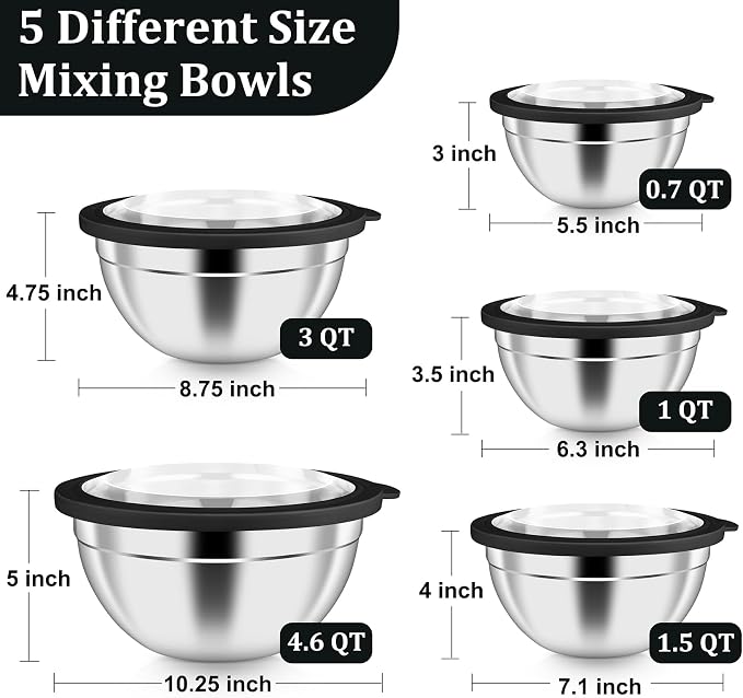 P&P CHEF Metal Mixing Bowls with Lids Set, Visible Airtight Lids & Black | 5 PCS Stainless Steel Mixing Nesting Bowls for Kitchen Prepping, Storing, Healthy & Easy Clean, Size 4.6, 3, 1.5, 1, 0.7 QT