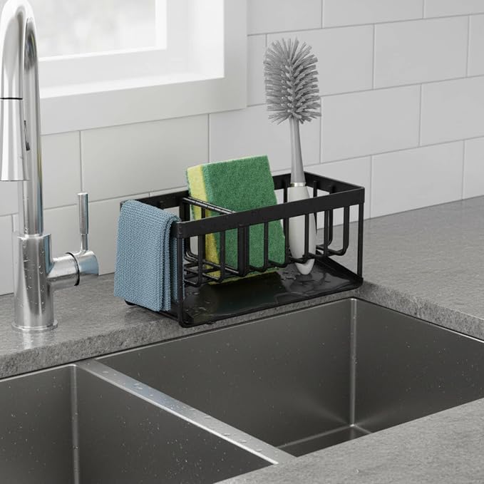 18/8 Stainless Steel Sink Caddy Sponge Holder for Kitchen | Self Drain Tray, Soap holder with Divider (Black)
