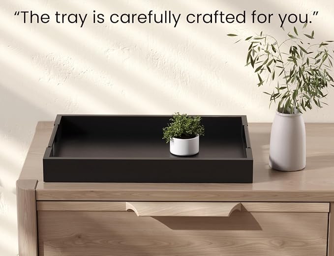 Fibogollo Bamboo Serving Trays with Metal Handles,Large(Black) | 17 x 12Inch Ottoman Decorative Trays Platter for Coffee Table,Living Room,Bar,Party,Holiday Hosting and Outdoor Entertaining